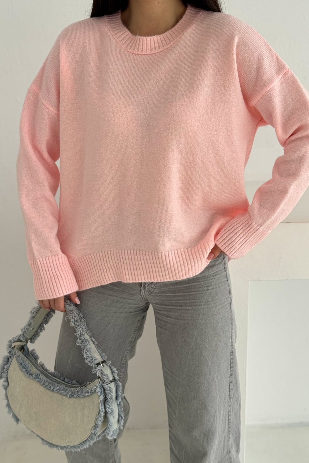 Kadın Standart Beden Oversize Basic Triko Kazak - Pembe