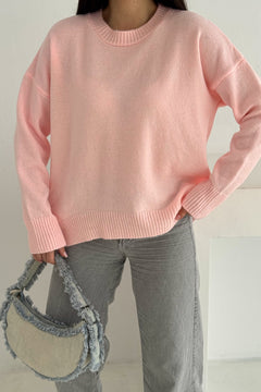 Kadın Standart Beden Oversize Basic Triko Kazak - Pembe