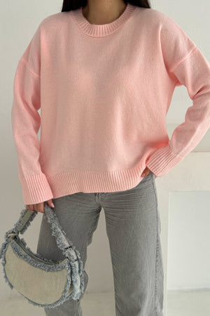 Kadın Standart Beden Oversize Basic Triko Kazak - Pembe