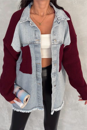 Kadın Kolları Ve Cebi Trikolu Oversize Denim Kot Garnili Hırka - Bordo