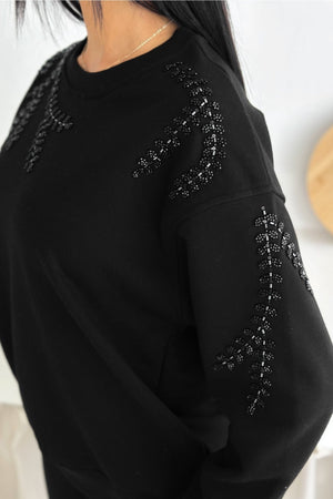 Boncuk Ve Pul İşlemeli %100 Pamuk Sweatshirt - Siyah