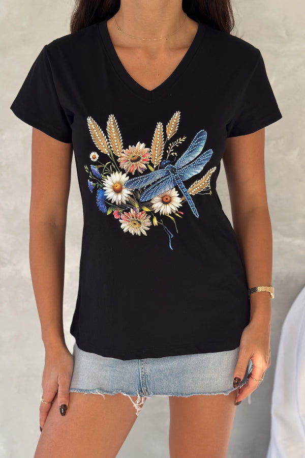 Kadın V Yaka Yusufçuk Desenli Pul Payet Boncuk İşlemeli %100 Pamuk T-Shirt - Siyah