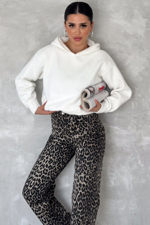 Kadın Standart Beden Kapüşonlu Peluş Triko Sweatshirt - Beyaz