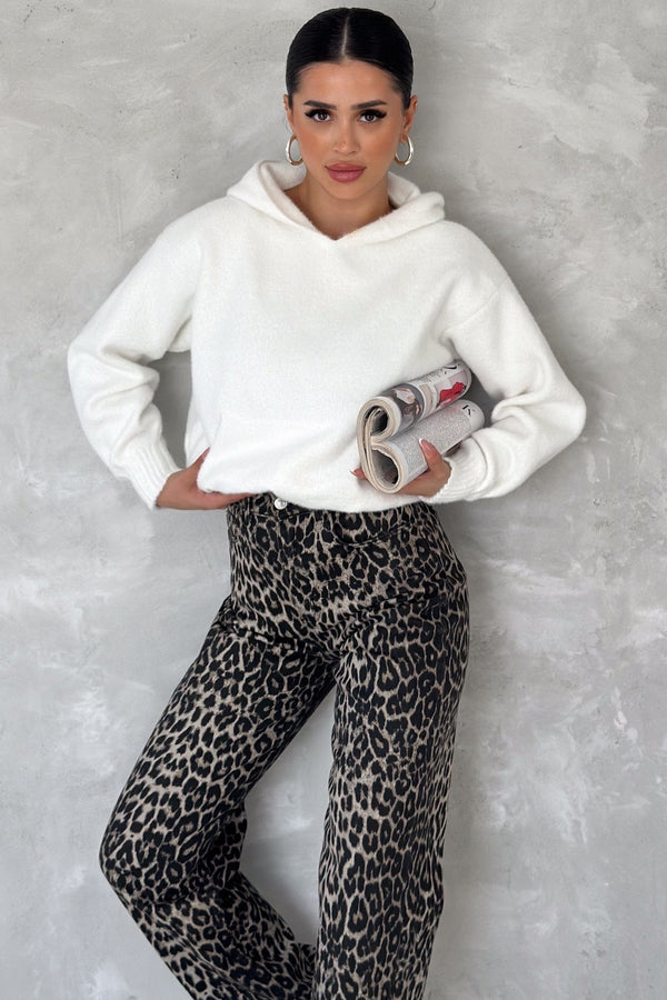 Kadın Standart Beden Kapüşonlu Peluş Triko Sweatshirt - Beyaz