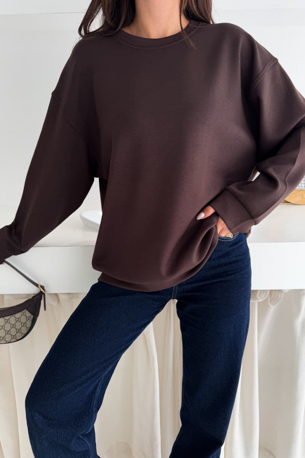 Modal Kumaş Basic Sweatshirt - Kahverengi