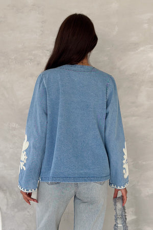 Kadın Mavi Vintage Nakışlı Kot Denim Ceket - Lacivert