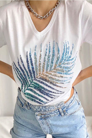 Kadın V Yaka Yaprak Pul Payet Işlemeli %100 Pamuk T-shirt - Beyaz