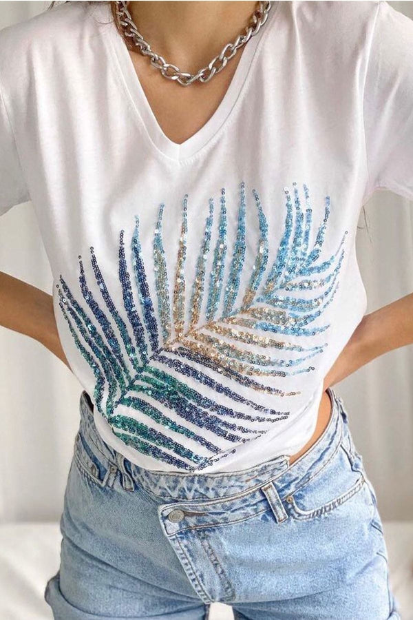 Kadın V Yaka Yaprak Pul Payet Işlemeli %100 Pamuk T-shirt - Beyaz