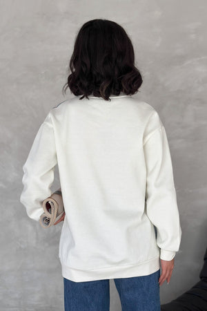Kadın Şardonlu Tasarım Kot Detaylı Sweatshirt - Beyaz