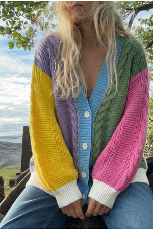 Çok Renkli Salaş Oversize Örme Triko Hırka - Standart Beden - Çağla