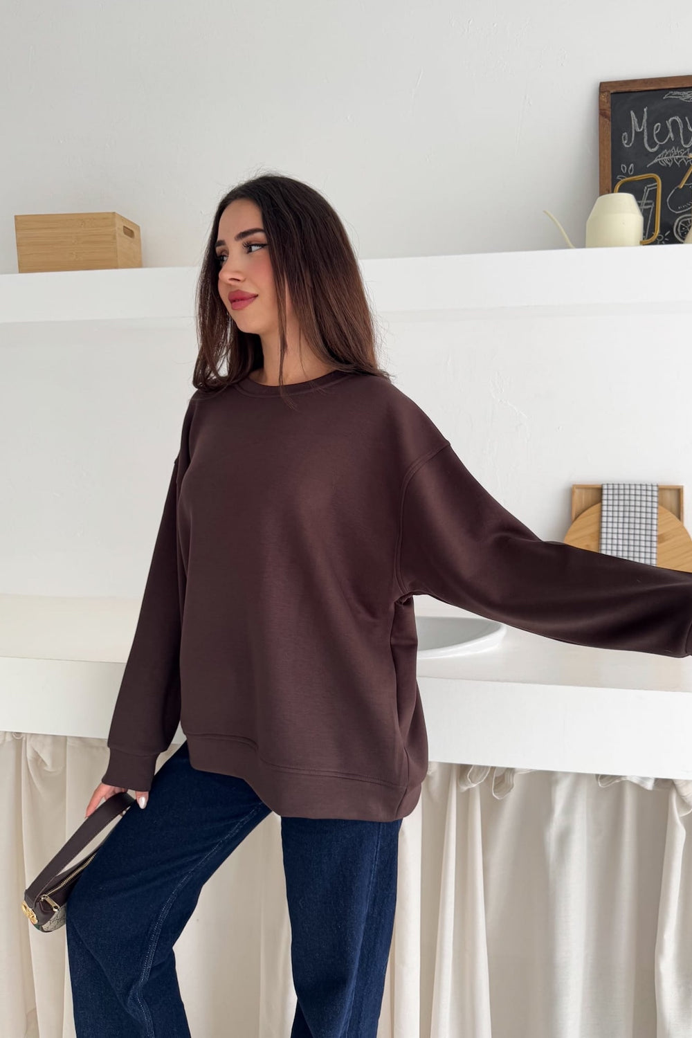 Modal Kumaş Basic Sweatshirt - Kahverengi