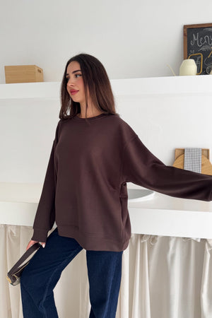 Modal Kumaş Basic Sweatshirt - Kahverengi