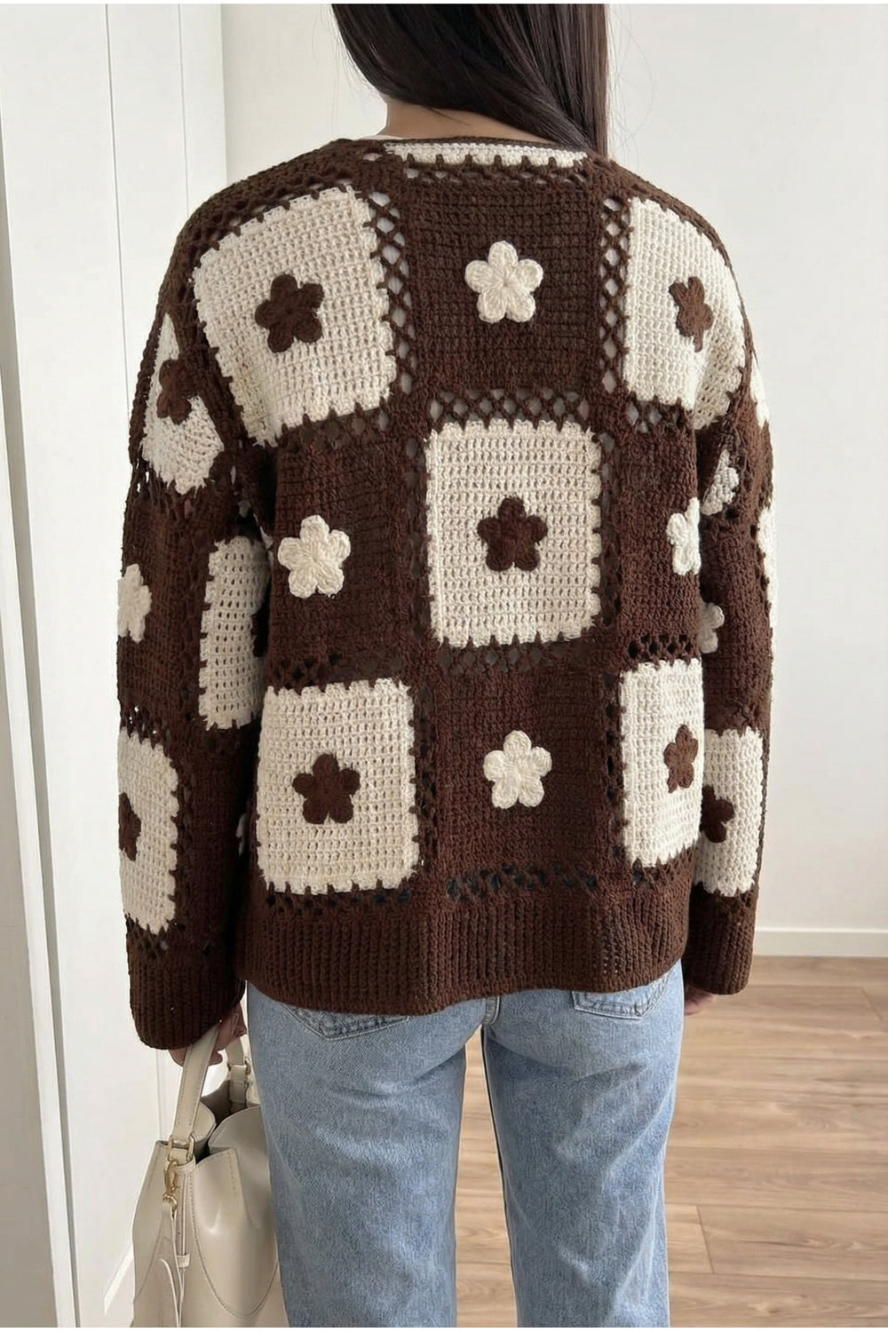 Kadın Delikli Triko Hırka Düğmeli Vintage Patchwork Desenli Baharlık Oversize Hırka - Kahverengi