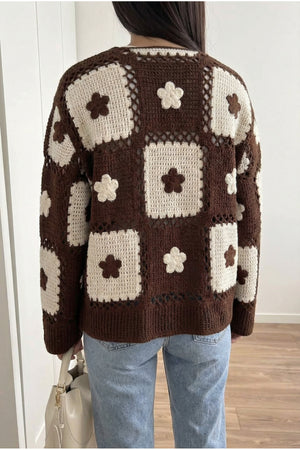 Kadın Delikli Triko Hırka Düğmeli Vintage Patchwork Desenli Baharlık Oversize Hırka - Kahverengi
