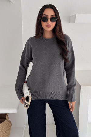 Kadın Standart Beden Oversize Basic Triko Kazak - Füme