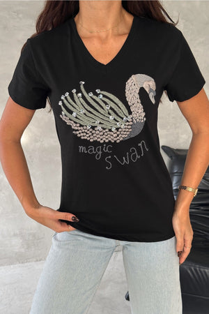 Kadın V Yaka Kuğu Pul Payet Ve Nakış İşlemeli %100 Pamuk T-Shirt - Siyah