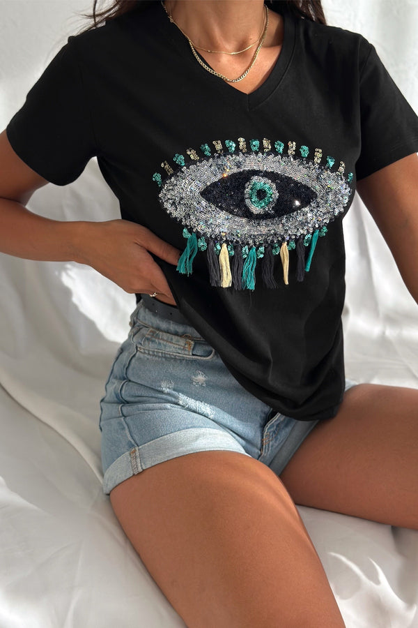 Kadın V Yaka Göz Desen Pul Payet İşlemeli Püsküllü %100 Pamuk T-Shirt - Siyah