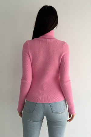 Kadın Standart Beden Peluş Triko Boğazlı Kazak - Pembe