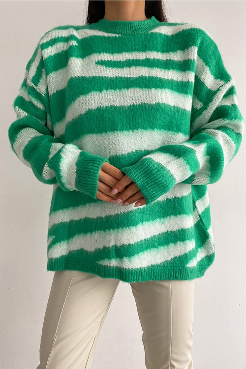 Kadın Yeni Sezon Zebra Desen Standart Beden Geniş Kalıp Oversize Triko Kazak - Yeşil