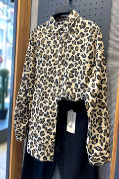 Kadın Tek Cepli Leopar Desen %100 Pamuk Oversize Gömlek - Kahverengi