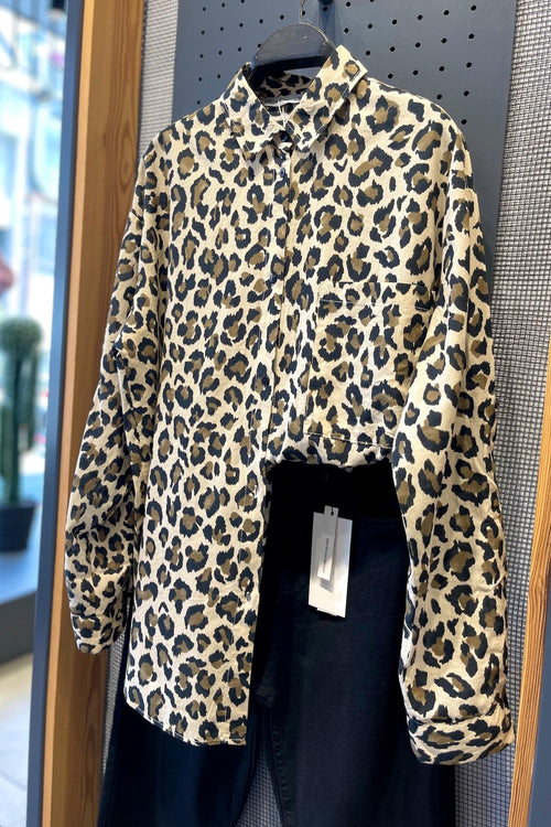 Kadın Tek Cepli Leopar Desen %100 Pamuk Oversize Gömlek - Kahverengi