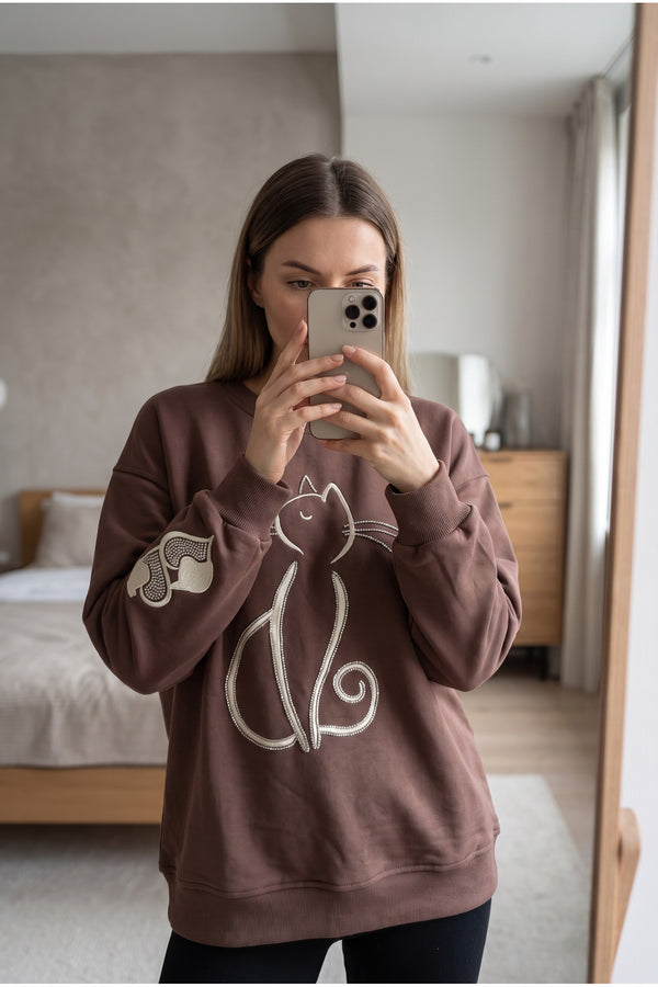 Kedi Nakışlı Boncuk İşlemeli %100 Pamuk Sweatshirt - Kahverengi