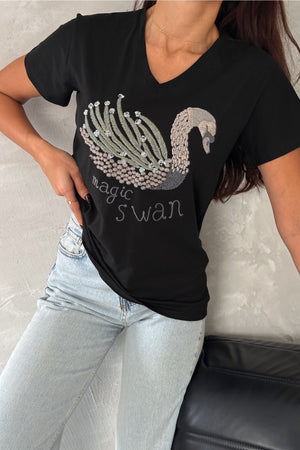 Kadın V Yaka Kuğu Pul Payet Ve Nakış İşlemeli %100 Pamuk T-Shirt - Siyah