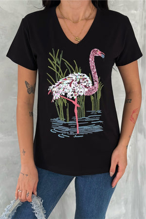 Kadın V Yaka Flamingo Pul Payet Ve Nakış İşlemeli %100 Pamuk Tişört - Siyah