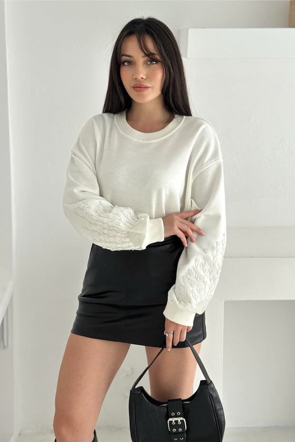 Kolları Boncuk Ve Taş İşlemeli %100 Pamuk Sweatshirt - Beyaz