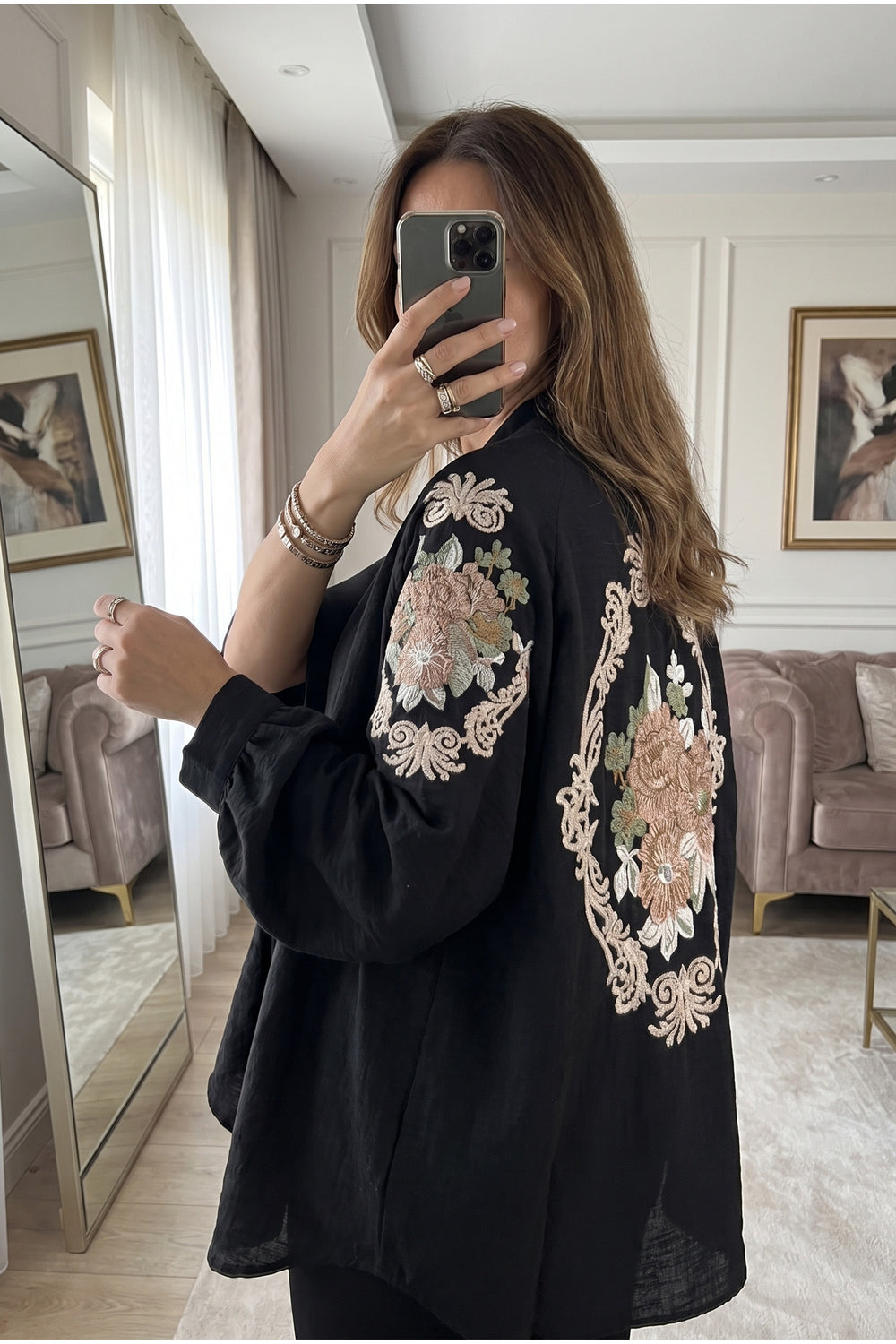 Kadın Nakışlı İşlemeli Kimono Ceket - Siyah