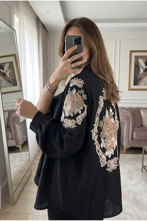 Kadın Nakışlı İşlemeli Kimono Ceket - Siyah
