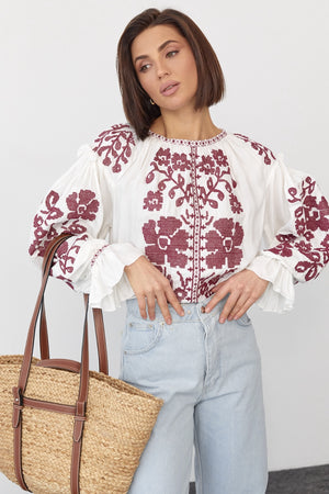 Kadın Yeni Sezon Komple Çiçek Nakış İşlemeli Tasarım Vintage Bluz - Beyaz