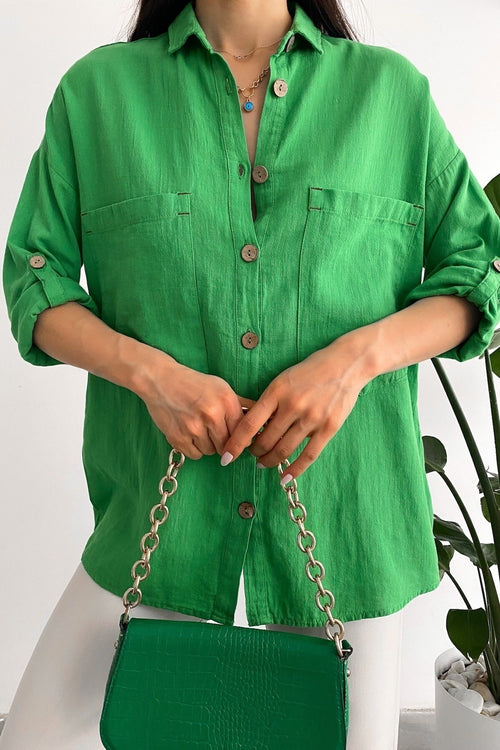 Kadın Ahşap Düğmeli Katlanır Kol Çift Cepli Salaş Dökümlü Bol Kalıp %65 Pamuk %35 Keten Gömlek - Benetton