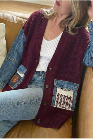 Kadın Kot Cepli Kilim Desen Kolları Kot Oversize Düğmeli %100 Pamuk Triko Hırka - Bordo