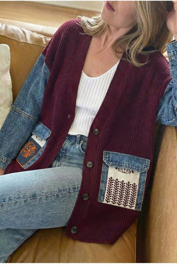 Kadın Kot Cepli Kilim Desen Kolları Kot Oversize Düğmeli %100 Pamuk Triko Hırka - Bordo