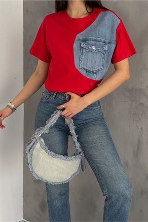 Kadın Denim Kot Detaylı Cepli Tasarım Pamuklu Tişört - Kırmızı