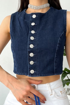 Kadın Denim Düğmeli Crop Kot Kolsuz Bluz - Mavi