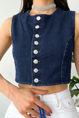 Kadın Denim Düğmeli Crop Kot Kolsuz Bluz - Mavi