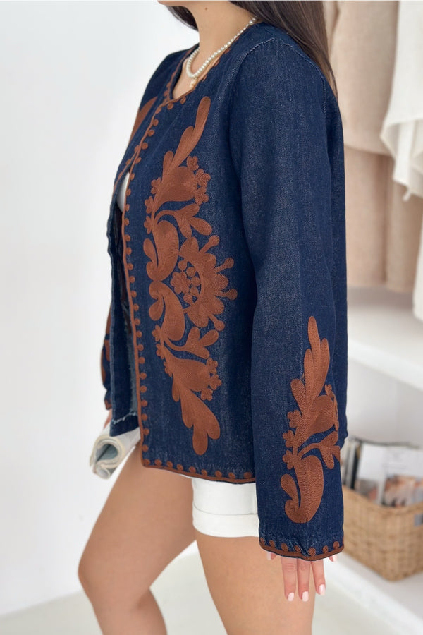 Kadın Lacivert Vintage Nakışlı Kot Denim Ceket - Kahverengi