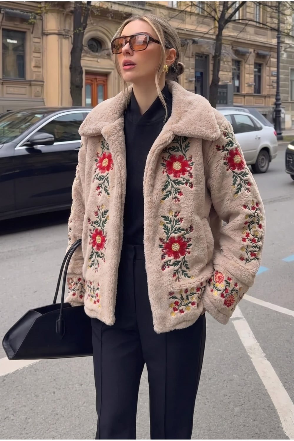 Nakışlı Vintage Suni Kürk Ceket - Bej
