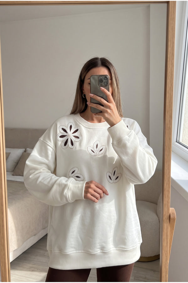 Nakışlı Boncuk İşlemeli %100 Pamuk Sweatshirt - Beyaz