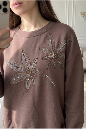 Yaprak Desen Boncuk İşlemeli %100 Pamuk Sweatshirt - Kahverengi