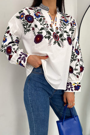 Kadın Yeni Sezon Dik Yaka Komple Nakış İşlemeli Tasarım Vintage Pamuklu Bluz - Beyaz