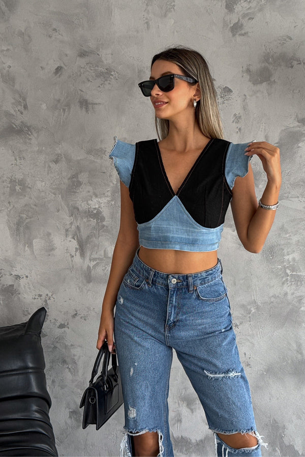 Kadın Sırtı Fermuarlı Crop Kot Bluz - Siyah