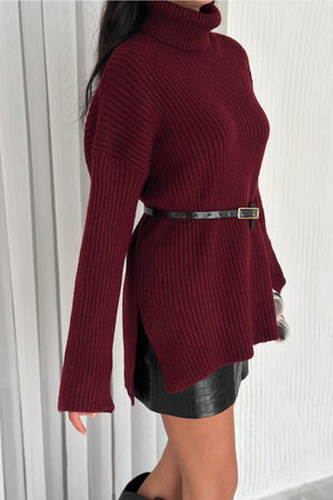 Kadın Standart Beden Basic Boğazlı Oversize Triko Kazak - Bordo