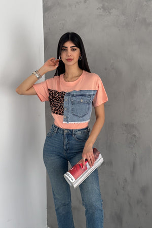 Kadın Pudra Leopar Ve Kot Detaylı Düğmeli Tasarım Pamuk Tişört - Pembe