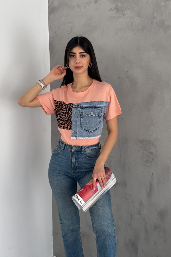 Kadın Pudra Leopar Ve Kot Detaylı Düğmeli Tasarım Pamuk Tişört - Pembe