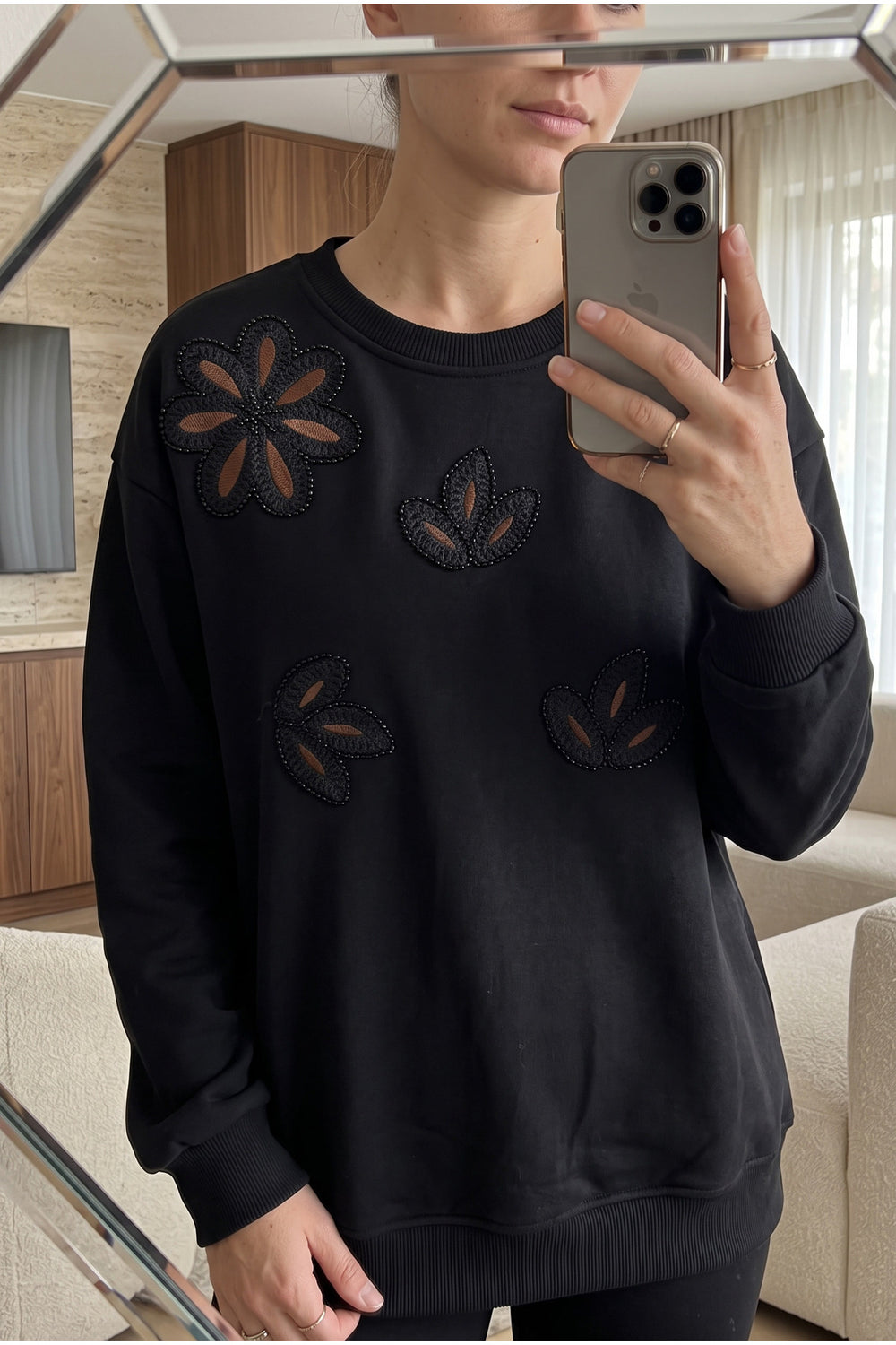 Nakışlı Boncuk İşlemeli %100 Pamuk Sweatshirt - Siyah