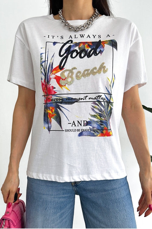 Kadın Yeni Sezon Good Beach Pul Işlemeli Pamuk Tişört - Beyaz