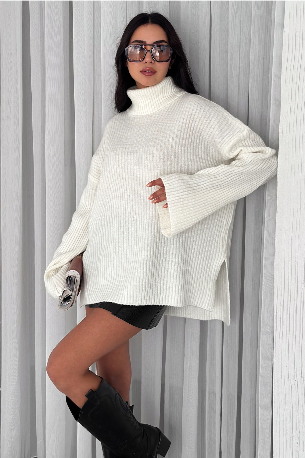 Kadın Standart Beden Basic Boğazlı Oversize Triko Kazak - Ekru